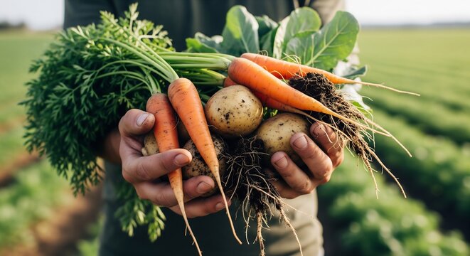 Farmer's hands holding freshly harvested organic carrots and potatoes with dirt in a green field