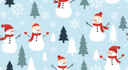 Charming seamless winter pattern featuring cute snowmen in hats and scarves among snowflakes and pine trees on a soft light blue background scenery.