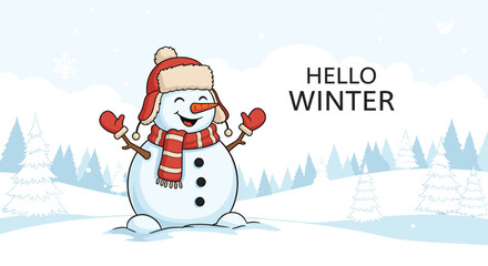 Happy smiling snowman waving with both hands in a snowy landscape with pine trees and clouds under a large hello winter text message greeting.