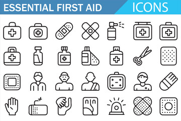 Essential First Aid Medical Icons Set in Outline Style for Emergency Healthcare Safety Treatment Rescue and Medical Support Design