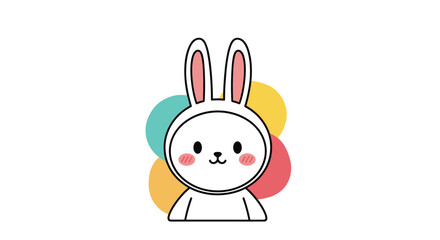 Fototapeta premium Adorable illustration of a white rabbit character with rosy pink cheeks centered on a background of bright colorful overlapping circles.