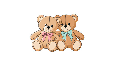 Obraz premium Two cute brown teddy bears sitting closely together wearing a pink and a blue bow tie on a plain white background for nursery art decorations.