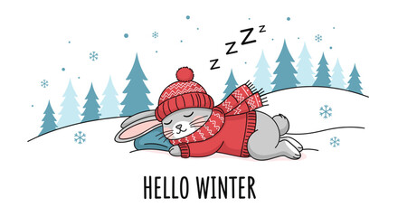 Cozy winter scene featuring a cute sleeping bunny wearing a warm red sweater and hat in a snowy forest with a hello message.