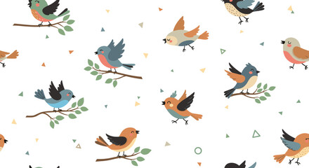 Fototapeta premium Charming seamless pattern of various small birds perched on branches and flying among colorful confetti on a white background.