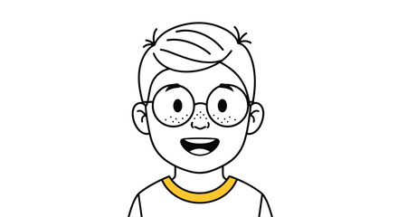 Obraz premium Cheerful line art portrait of a young boy with glasses and a happy smile, wearing a yellow-collared shirt on a white background.