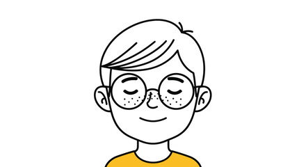 Calm line art portrait of a young boy with his eyes closed and a peaceful smile, featuring glasses and a yellow shirt collar.