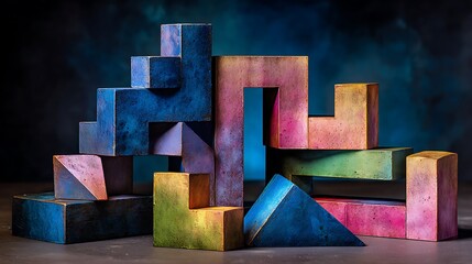 Geometric Wooden Blocks Stacked in Abstract Arrangement Keywords: abstract, geometric, blocks, shapes, wood, colorful,... photo