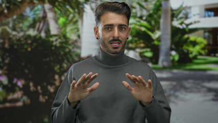 Fototapeta premium Young man in grey sweater raises bare hands for calm gesture amid green foliage and building on street; hesitation doubt caution restraint.