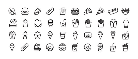 Minimal Line Fast Food and Grocery Icons Set. Black Outline Food Symbols Collection. Vector illustration eps 10