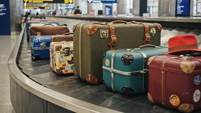 Luggage Carousel at Airport - A row of vintage suitcases travels along a baggage carousel at an airport. A red fedora sits atop one of the cases.
