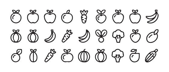 Minimal Line Fruit and Vegetable Icons Set. Black Outline Healthy Food Symbols. Vector illustration eps 10