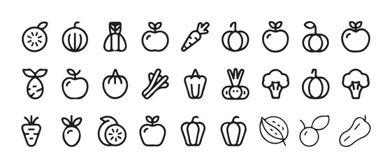 Minimal Line Fruit and Vegetable Icons Set. Black Outline Healthy Food Symbols. Vector illustration eps 10