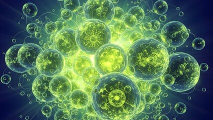 Glowing green cells in a vibrant scientific illustration