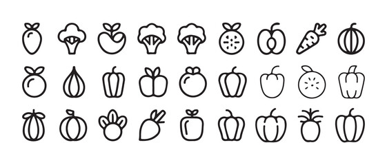 Minimal Line Fruit and Vegetable Icons Set. Black Outline Healthy Food Symbols. Vector illustration eps 10