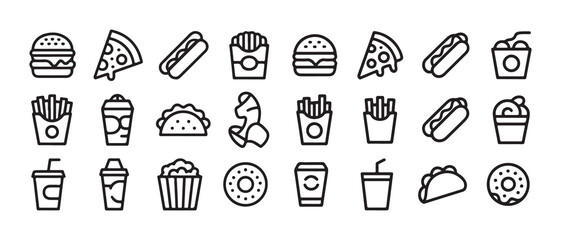 Minimal Line Fast Food and Grocery Icons Set. Black Outline Food Symbols Collection. Vector illustration eps 10