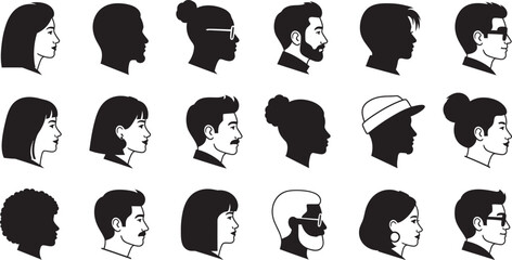 Diverse profile silhouettes of people with various hairstyles
