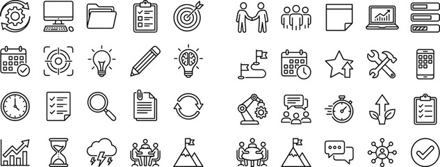 Business process management icon set, workflow planning symbols, productivity strategy tools, teamwork analytics, outline style, cad drawing flat vector illustration