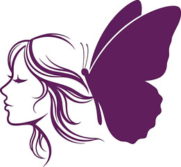 Purple fairy illustration with female face and butterfly wings