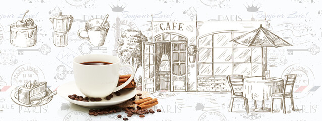 Vintage Paris cafe background with coffee cup and hand-drawn street illustration