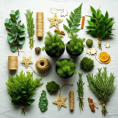 Green Christmas flat lay with plant-based decor, potted pine saplings and earth-tone palette.