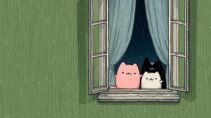 Two Cute Cartoon Cats Peeking Out of a Window at Night kitten illustration photo