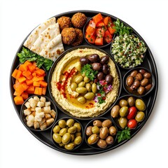 Assorted Middle Eastern Mezze Platter with Hummus Baba Ganoush tabbouleh pickles vegetables falafel and olives served in a black circular tray