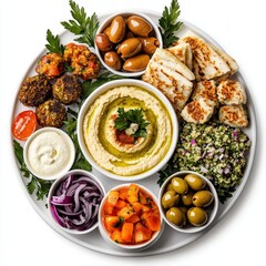 Assorted Middle Eastern Mezze Platter Featu Hummus, Falafel, Stuffed Grape Leaves, Pita Bread, Marinated Olives, Pickled Vegetables, and Fresh Herbs for Sha