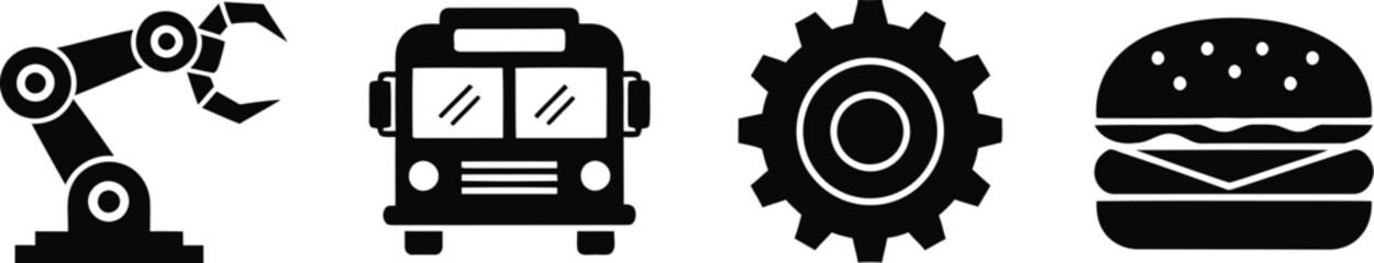 Four black and white icons representing industrial and food topics including a robotic arm and bus