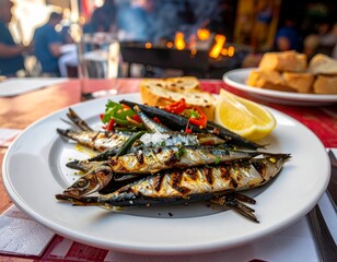 Sardinhas assadas en un puesto al aire libre en Portugal con clientes disfrutando de la comida