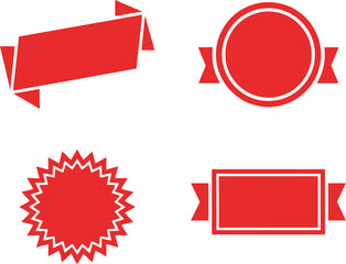 Four red icons including a banner and circular badge plus a starburst label with decorative edges