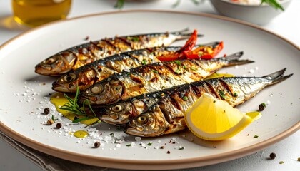 Sardinhas assadas, plato t&iacute;pico de la cocina portuguesa, presentado en un entorno limpio y sencillo