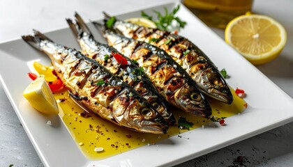 Sardinhas assadas en un plato con aceitunas y lim&oacute;n, reflejando la cocina portuguesa en un ambiente limpio y ordenado