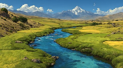 Vibrant River Flows Through a Grassy Valley Towards Snow- Capped Mountains snow-capped photo