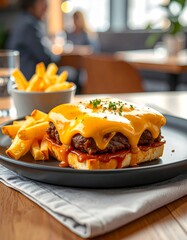 Francesinha en un bistr&oacute; moderno con papas fritas y queso derretido