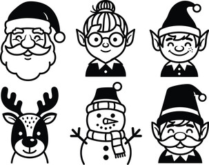 Set of six black and white holiday icons including Santa Claus and an elf plus a snowman for Christmas