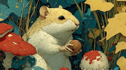Whimsical Hamster Holding a Nut Amidst Red Mushrooms and Lush Greenery rodent animal photo