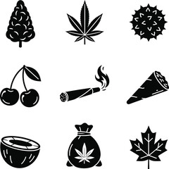 Set of four black and white icons representing different fruits including a strawberry and apple