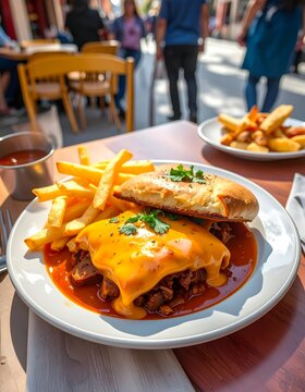Disfrutando de una francesinha en una mesa exterior cerca de una calle concurrida