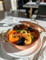 Cataplana de marisco presentada en un bistr&oacute; moderno con mariscos frescos en una olla de cobre