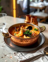 Presentaci&oacute;n moderna de cataplana de marisco en un restaurante de cocina portuguesa