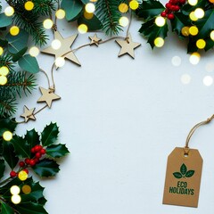 Sustainable Christmas background with natural foliage, wooden stars, twine and soft bokeh lights.