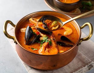 Cataplana de marisco en un plato tradicional de la cocina portuguesa con mariscos frescos y caldo rojo
