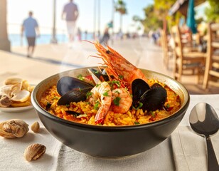 Arroz de marisco servido en mesa de caf&eacute; en un paseo junto al mar en un d&iacute;a soleado