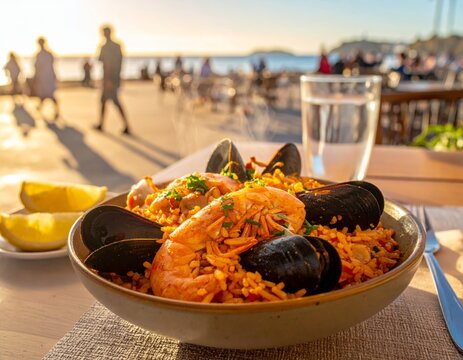Arroz de marisco en una mesa de caf&eacute; junto al mar al atardecer