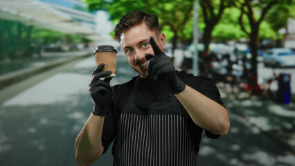 Young bearded man in apron and gloves, smiling as he points at camera while holding coffee cup, stands on busy city street.