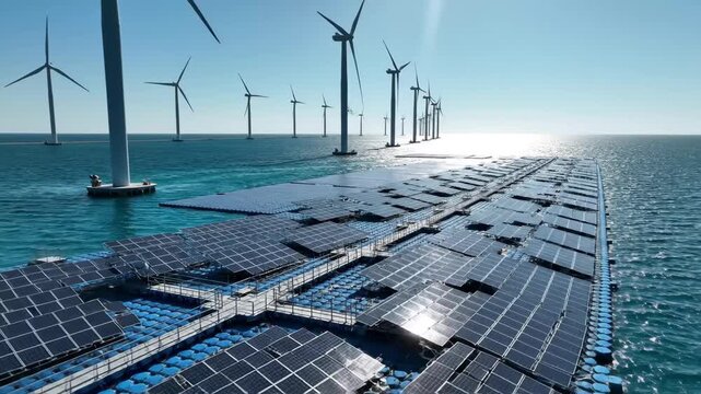 Offshore Renewable Energy Farm - An aerial shot showcases a hybrid offshore renewable energy farm with wind turbines and a floating solar panel array.