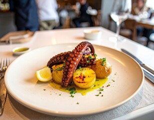 Polvo &agrave; lagareiro en mesa de restaurante contempor&aacute;neo con ingredientes sencillos y presentaci&oacute;n cuidada