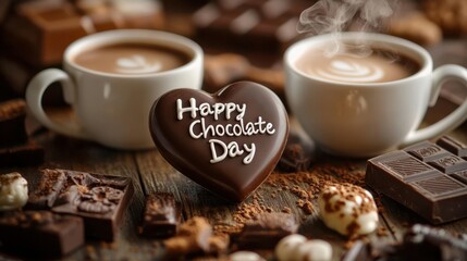 Two steaming mugs of hot chocolate flank a heartshaped chocolate inscribed with happy chocolate day surrounded by various chocolate pieces