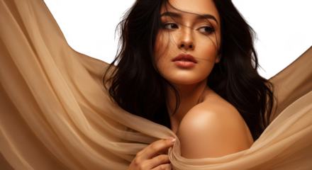 Beautiful woman with long dark hair and brown fabric isolated on transparent background looking directly at camera