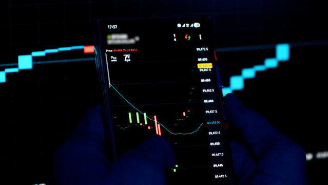 Close up of smartphone displaying financial stock market charts - Powered by Adobe